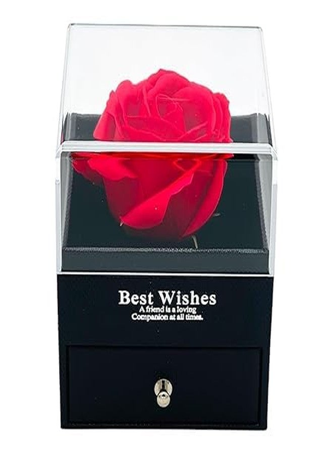 Iconic Keychains Luxury Rose Gift Box with Drawer, Clear Display Case for Jewelry, Red Rose, Black Base - Image 1