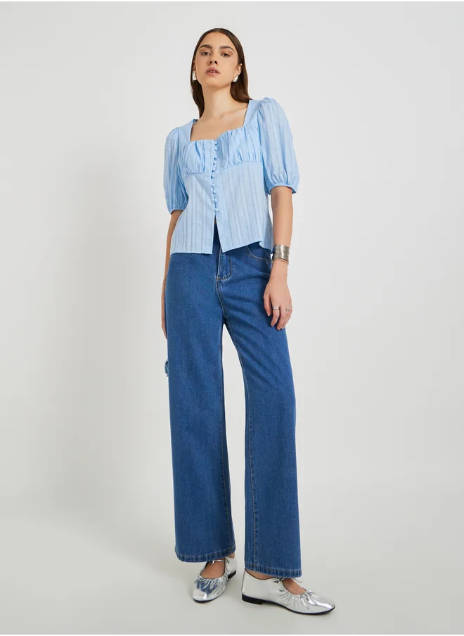 Take Two Take Two Textured Puff Sleeve Square Neck Buttoned Top