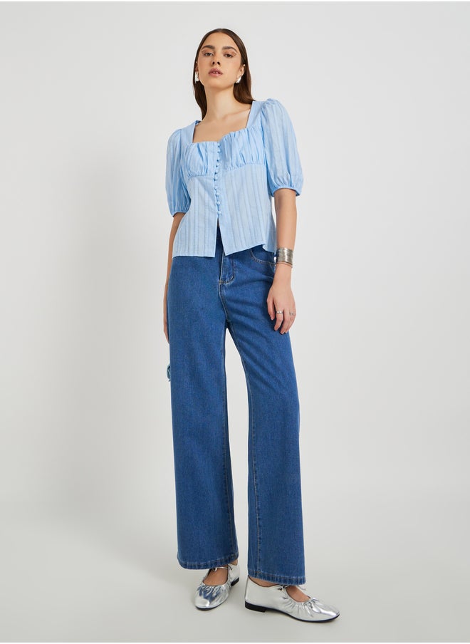 Take Two Take Two Textured Puff Sleeve Square Neck Buttoned Top  - Image 2