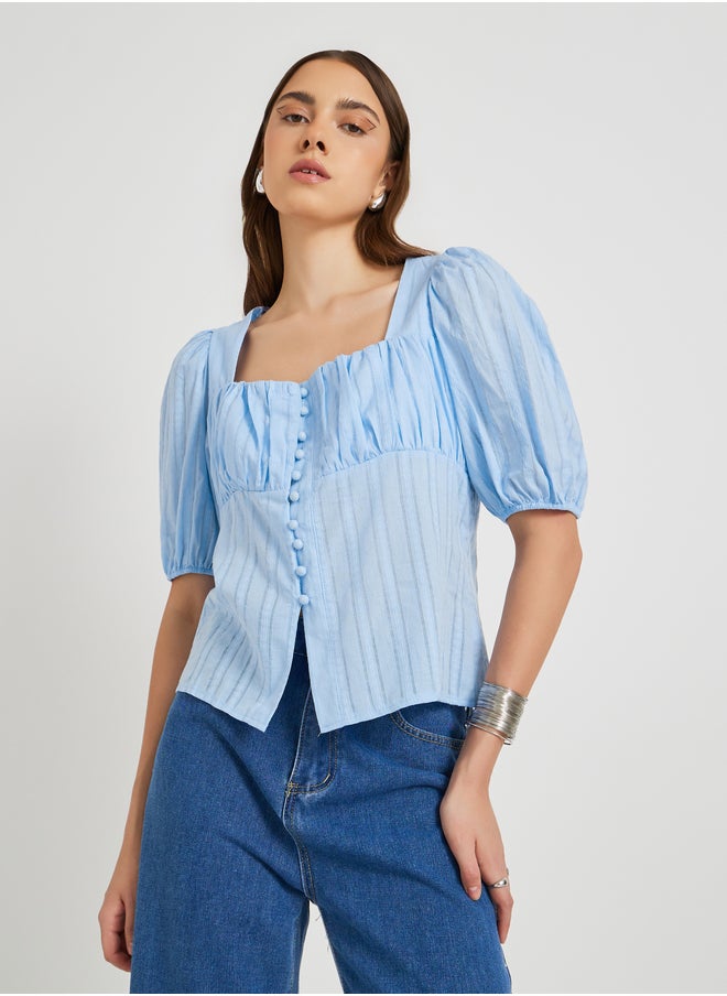 Take Two Take Two Textured Puff Sleeve Square Neck Buttoned Top  - Image 3