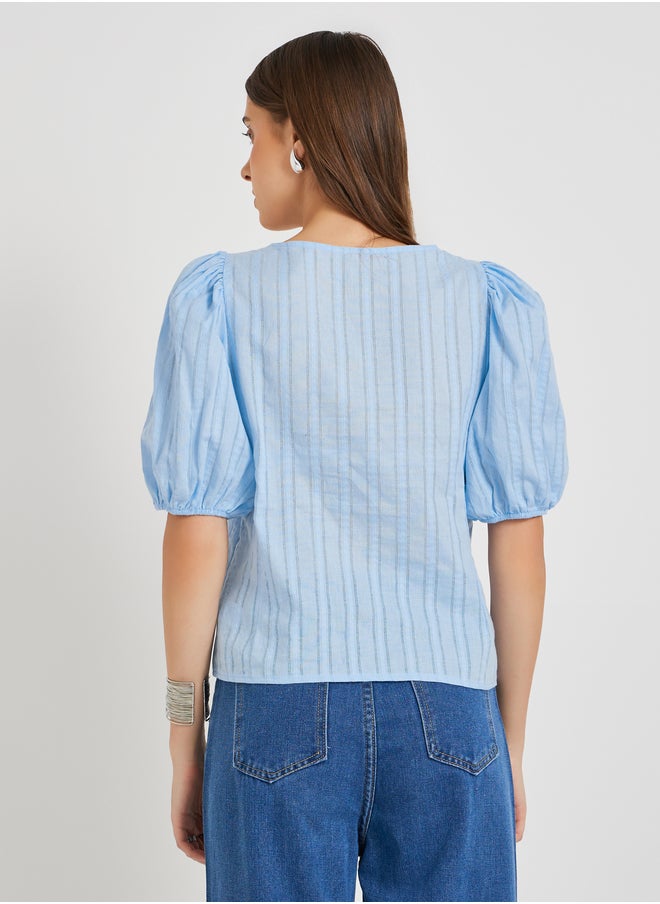 Take Two Take Two Textured Puff Sleeve Square Neck Buttoned Top  - Image 5