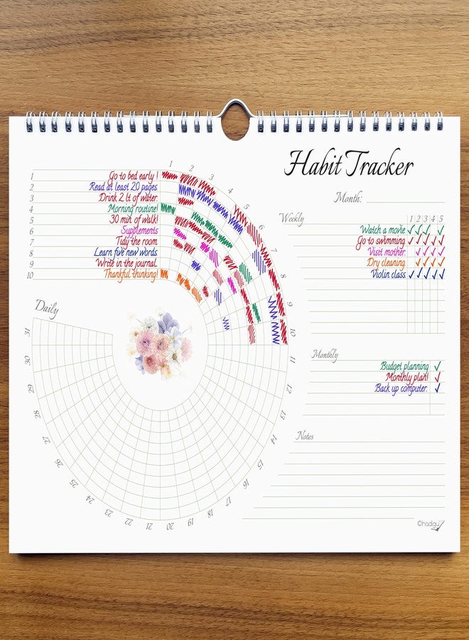 HADIGU تقويم تتبع العادات (غير مؤرخ لمدة 12 شهرًا) بتصميم زهري، حلزوني ومزود بعلاقة، مقاس A4 (8.3 بوصة × 11.7 بوصة)، ورق ثقيل عالي الجودة، دفتر يوميات شهري لتتبع العادات وتتبع الأهداف. - Image 3