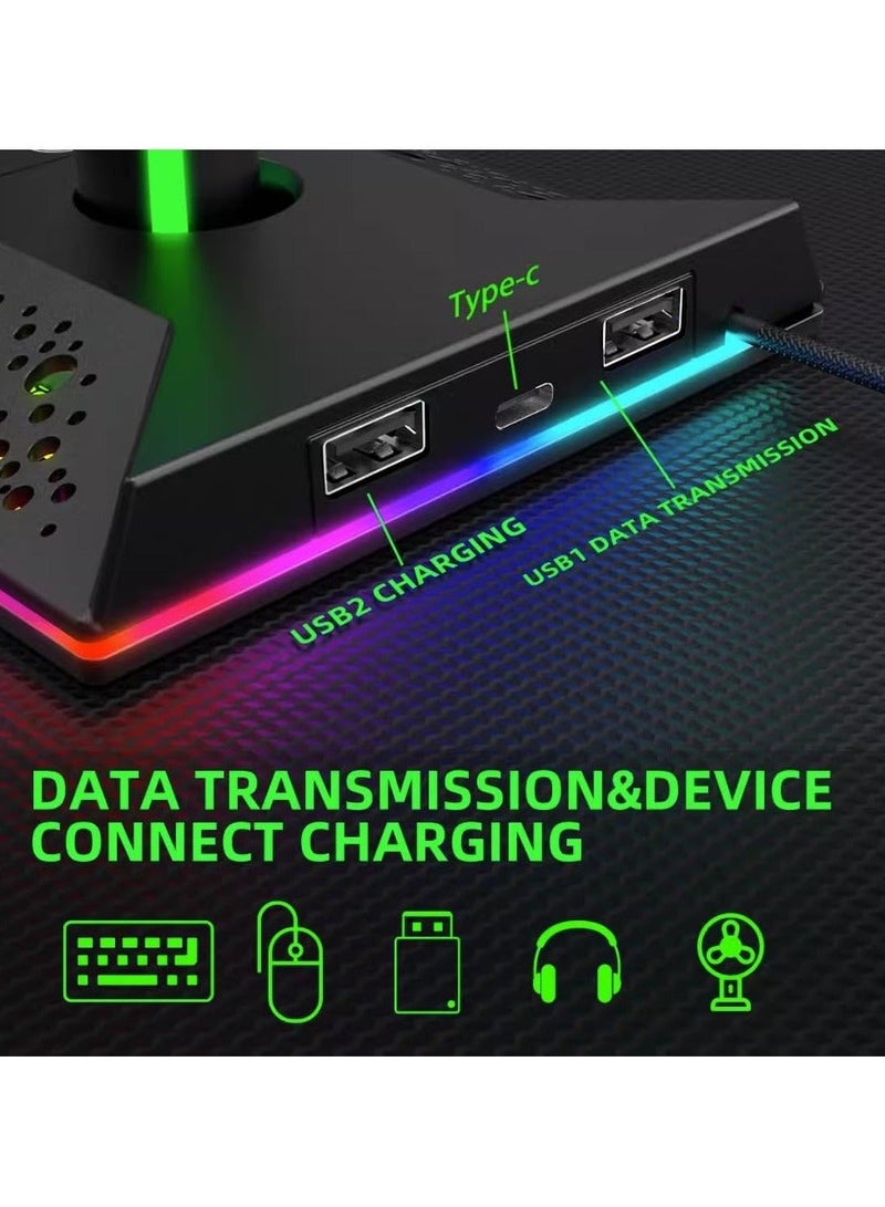 ARNOTEC RGB Gaming Headphone Stand & Controller Holder with 10 Lighting Modes, Dual USB Charging Ports & Type-C Port - Image 3