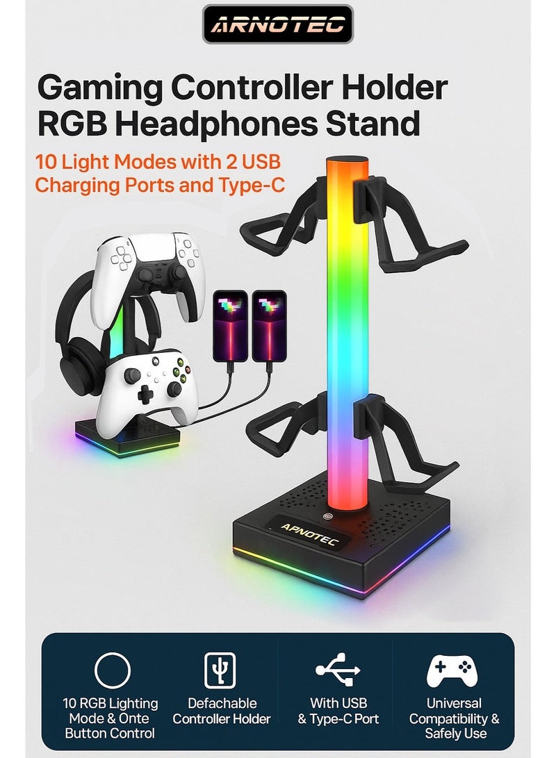 ARNOTEC RGB Gaming Headphone Stand & Controller Holder with 10 Lighting Modes, Dual USB Charging Ports & Type-C Port - Image 1