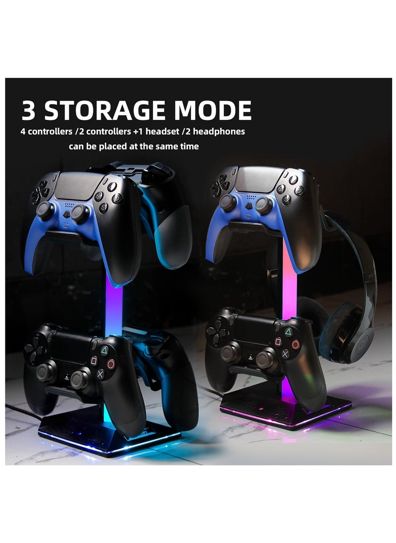 ARNOTEC حامل وحدة تحكم الألعاب RGB وحامل سماعات الرأس 10 أوضاع إضاءة مع 2 منافذ شحن USB ومنفذ Type-C - (أسود)  - Image 4