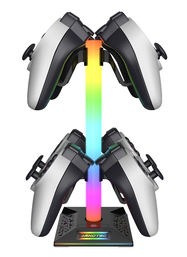 ARNOTEC حامل وحدة تحكم الألعاب RGB وحامل سماعات الرأس 10 أوضاع إضاءة مع 2 منافذ شحن USB ومنفذ Type-C - (أسود)  - Image 2