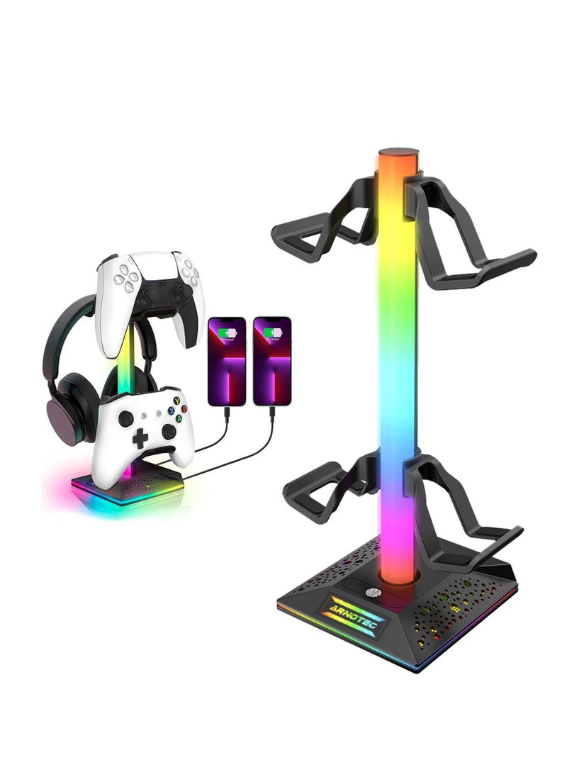 ARNOTEC حامل وحدة تحكم الألعاب RGB وحامل سماعات الرأس 10 أوضاع إضاءة مع 2 منافذ شحن USB ومنفذ Type-C - (أسود)  - Image 1
