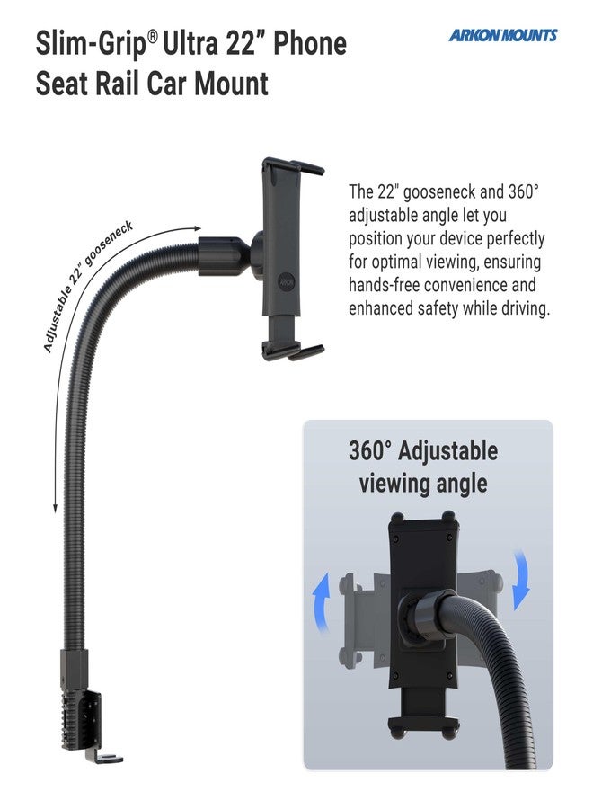 Arkon Mounts - Car Seat Rail Phone or Tablet Mount | Flexible Positioning | 22" Gooseneck | 360° Adjustability | Tablet Holder fits iPhone, Galaxy, Note and more | Up to 8" Screen Size - Image 4