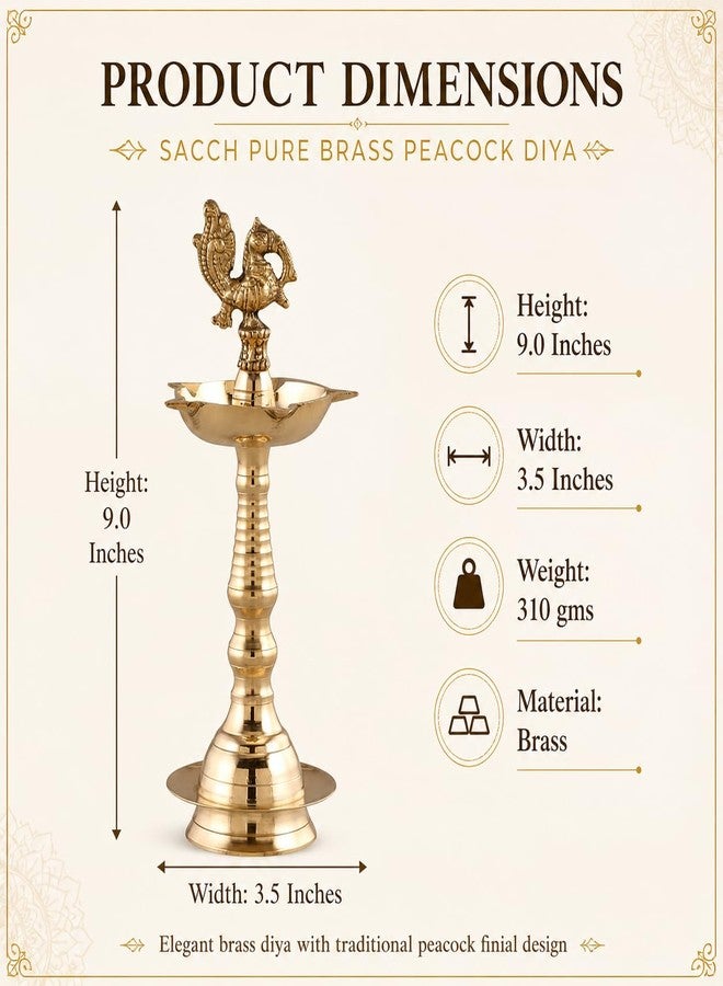 SACCH Heritage Series Peacock Brass Diya | 9 Inch/22cm Ceremonial Standing Mayur Samai | Approx 310g Handcrafted Inaugural Lamp for Offices, Schools, Felicitations, Auspicious Beginnings & Home Mandir - Image 2