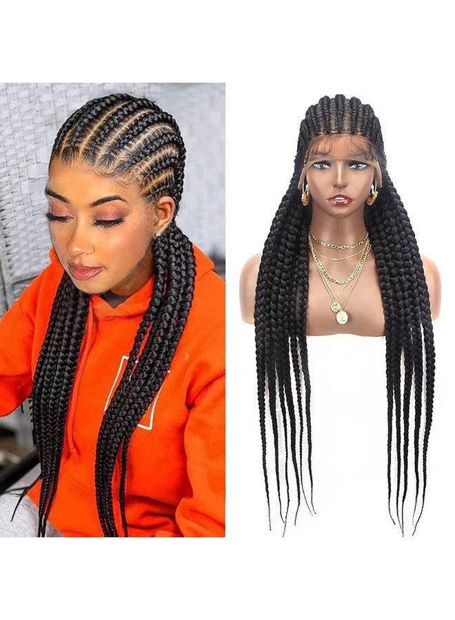 Alebery باروكة ضفائر كاملة من الدانتيل 36" للنساء السوداء، باروكة أمامية من الدانتيل مع شعر طفل، خفيفة الوزن، باروكة صناعية سوداء مع ضفائر كورنرو الملتوية (أسود) - Image 2