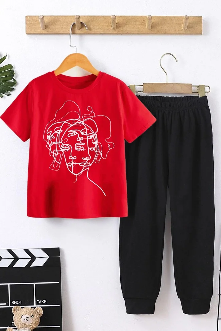 ONLYTRENDWEAR Child Woman One Line Bottom - Top Tracksuit Set 3-4 Years Old Red