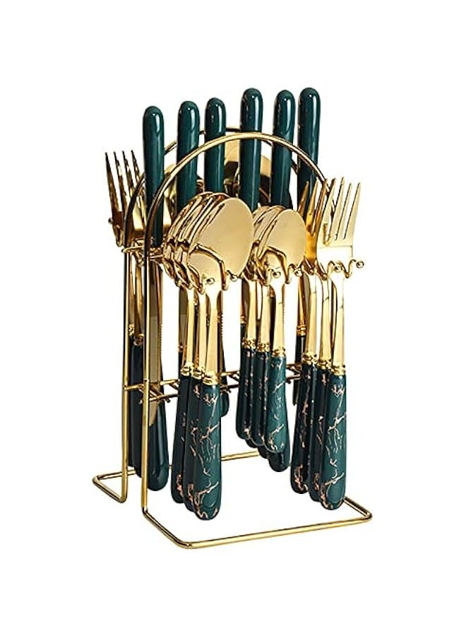 ميكسد مجموعة أدوات مائدة فضية ولونها الأخضر الداكن والذهبي، مع مقابض من السيراميك. تتضمن المجموعة 96 قطعة من الستانلس ستيل، تتسع لـ 24 ملعقة وسكينة وشوكة وملعقة شاي. مناسبة للاستخدام في المطبخ وحفلات الطعا - Image 1
