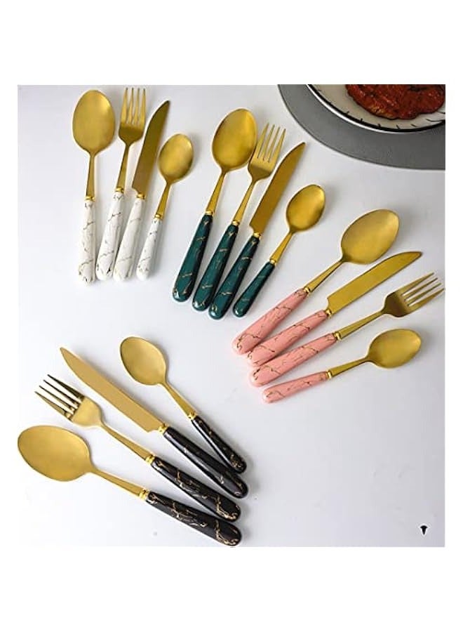 ميكسد مجموعة أدوات مائدة فضية ولونها الأخضر الداكن والذهبي، مع مقابض من السيراميك. تتضمن المجموعة 96 قطعة من الستانلس ستيل، تتسع لـ 24 ملعقة وسكينة وشوكة وملعقة شاي. مناسبة للاستخدام في المطبخ وحفلات الطعا - Image 2