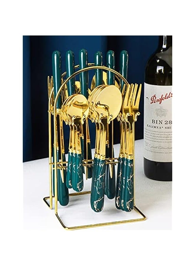 ميكسد مجموعة أدوات مائدة فضية ولونها الأخضر الداكن والذهبي، مع مقابض من السيراميك. تتضمن المجموعة 96 قطعة من الستانلس ستيل، تتسع لـ 24 ملعقة وسكينة وشوكة وملعقة شاي. مناسبة للاستخدام في المطبخ وحفلات الطعا - Image 3