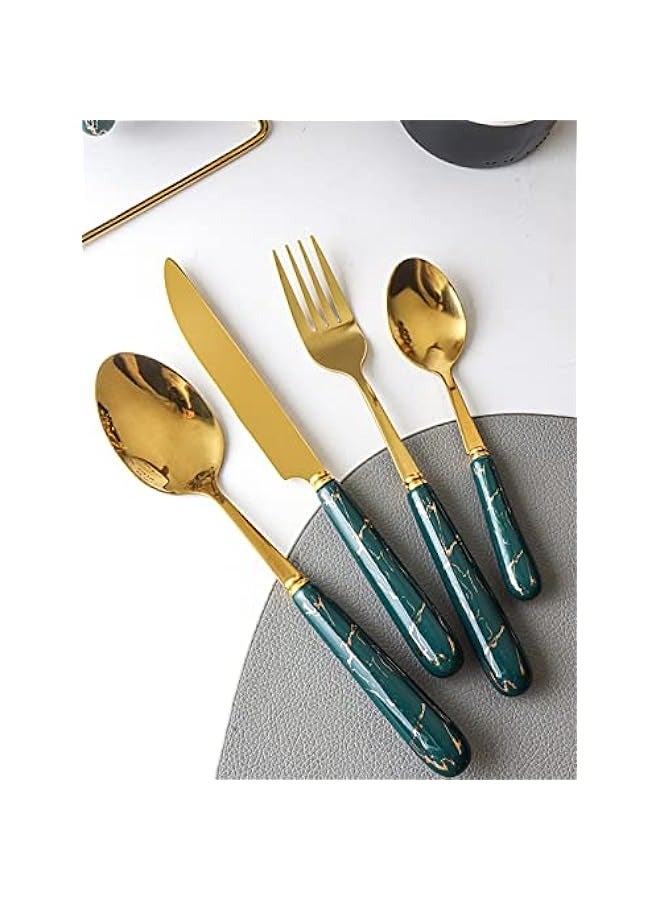 ميكسد مجموعة أدوات مائدة فضية ولونها الأخضر الداكن والذهبي، مع مقابض من السيراميك. تتضمن المجموعة 96 قطعة من الستانلس ستيل، تتسع لـ 24 ملعقة وسكينة وشوكة وملعقة شاي. مناسبة للاستخدام في المطبخ وحفلات الطعا - Image 4