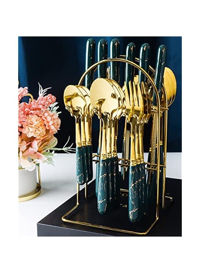 ميكسد مجموعة أدوات مائدة فضية ولونها الأخضر الداكن والذهبي، مع مقابض من السيراميك. تتضمن المجموعة 96 قطعة من الستانلس ستيل، تتسع لـ 24 ملعقة وسكينة وشوكة وملعقة شاي. مناسبة للاستخدام في المطبخ وحفلات الطعا - Image 5