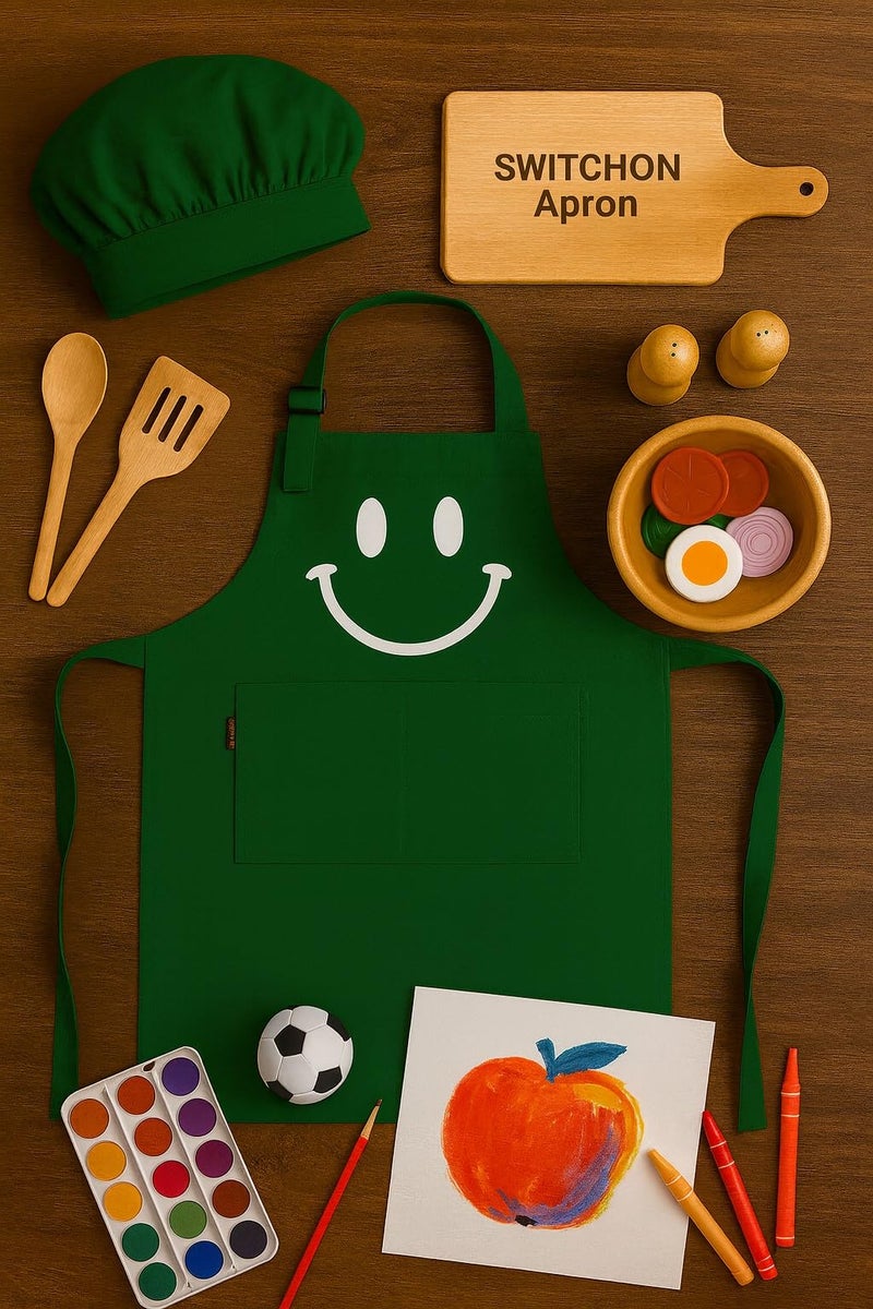 Switchon Polyester Waterproof Adjustable Kids Multi purpose Cooking Apron with a chef cap School Apron - for 6 years to 12 years Proudly made in india (Green) - Image 4