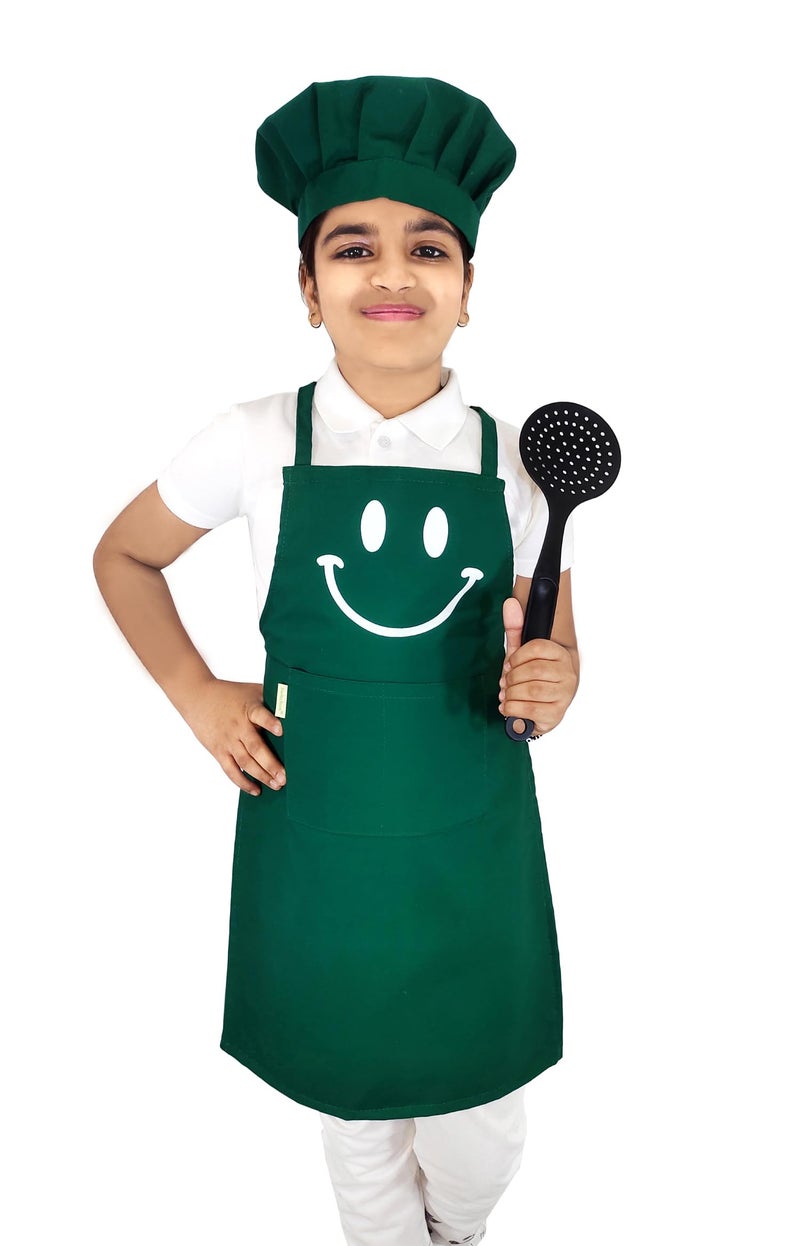Switchon Polyester Waterproof Adjustable Kids Multi purpose Cooking Apron with a chef cap School Apron - for 6 years to 12 years Proudly made in india (Green) - Image 1