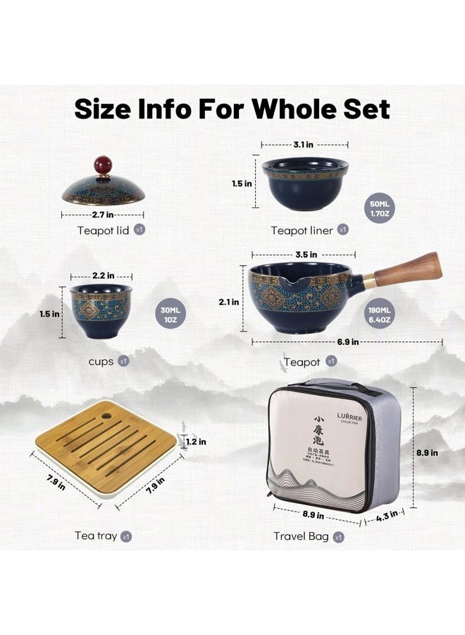 LURRIER Porcelain Chinese Gongfu Tea Set,Portable Teapot Set with 360 Rotation Tea maker and Infuser,Portable All in One Gift Bag for Travel,Home,Gifting,Outdoor and Office (Floral Blue) - Image 2