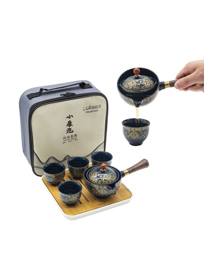 LURRIER Porcelain Chinese Gongfu Tea Set,Portable Teapot Set with 360 Rotation Tea maker and Infuser,Portable All in One Gift Bag for Travel,Home,Gifting,Outdoor and Office (Floral Blue) - Image 1