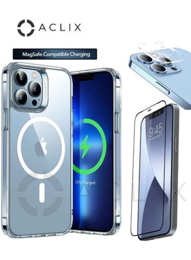 3-في 1 صدمات واقية ماغسيف متوافق شحن حالة غطاء ل أبل فون 14 برو مع 3 د الزجاج المقسى واقي للشاشة واضح / أسود و عدسة الكاميرا