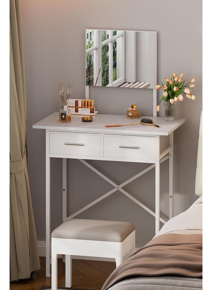 سولاكان مكتب تَزَيُّن صغير مزوّد بمرآة وأدراج، طاولة تَزَيُّن بيضاء مع مساحة تخزين، طاولة تَزَيُّن مدمجة لغرفة النوم، مكتب مكياج عصري للفتيات، طاولة تَزَيُّن موفِّرة للمساحة - Image 3