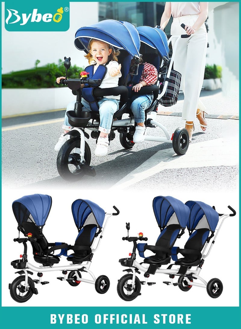 Bybeo 4-in-1 Double Twin Stroller, Tandem Baby Trolley, Kids Tricycle, Baby Stroll Trike with Adjustable Push Handle, Baby Stroller for Two Kids, with Removable Canopy, Guardrail and Rotatable Seat - Image 1