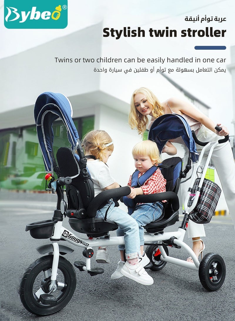 Bybeo 4-in-1 Double Twin Stroller, Tandem Baby Trolley, Kids Tricycle, Baby Stroll Trike with Adjustable Push Handle, Baby Stroller for Two Kids, with Removable Canopy, Guardrail and Rotatable Seat - Image 2
