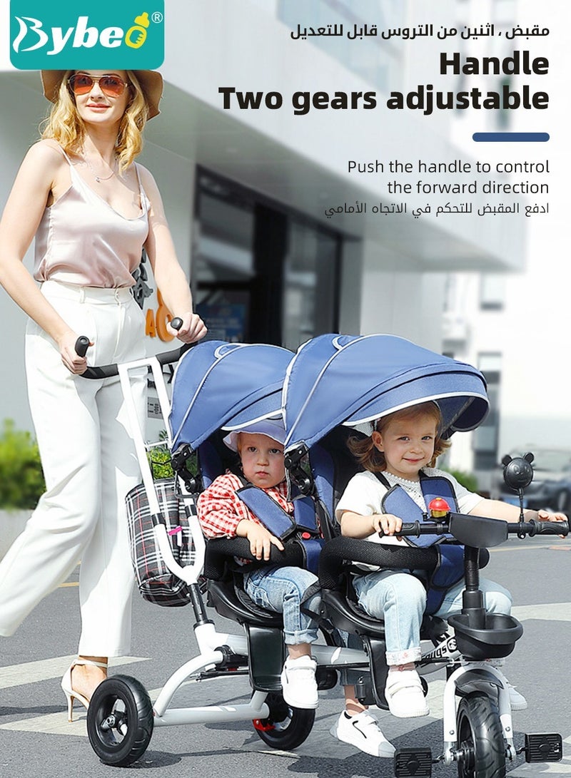 Bybeo 4-in-1 Double Twin Stroller, Tandem Baby Trolley, Kids Tricycle, Baby Stroll Trike with Adjustable Push Handle, Baby Stroller for Two Kids, with Removable Canopy, Guardrail and Rotatable Seat - Image 3