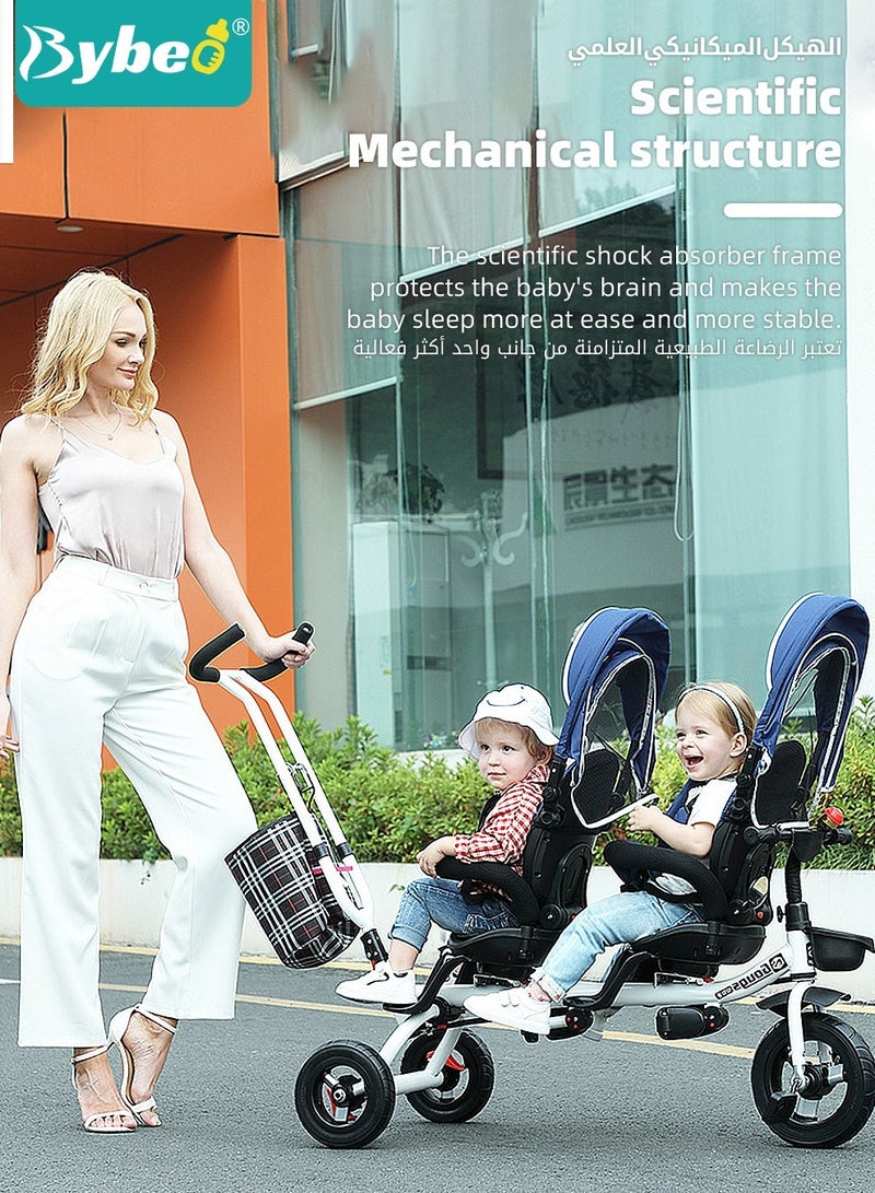 Bybeo 4-in-1 Double Twin Stroller, Tandem Baby Trolley, Kids Tricycle, Baby Stroll Trike with Adjustable Push Handle, Baby Stroller for Two Kids, with Removable Canopy, Guardrail and Rotatable Seat - Image 4