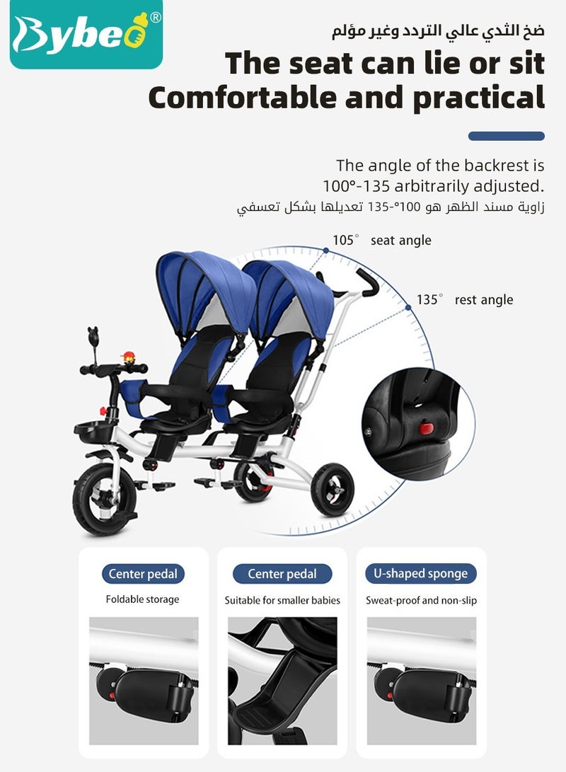 Bybeo 4-in-1 Double Twin Stroller, Tandem Baby Trolley, Kids Tricycle, Baby Stroll Trike with Adjustable Push Handle, Baby Stroller for Two Kids, with Removable Canopy, Guardrail and Rotatable Seat - Image 5