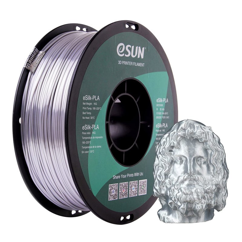 eSUN Silk PLA 3D Printer Filament, Dimensional Accuracy +/- 0.03 mm, 1 kg Spool, 1.75 mm, Silver - Image 1
