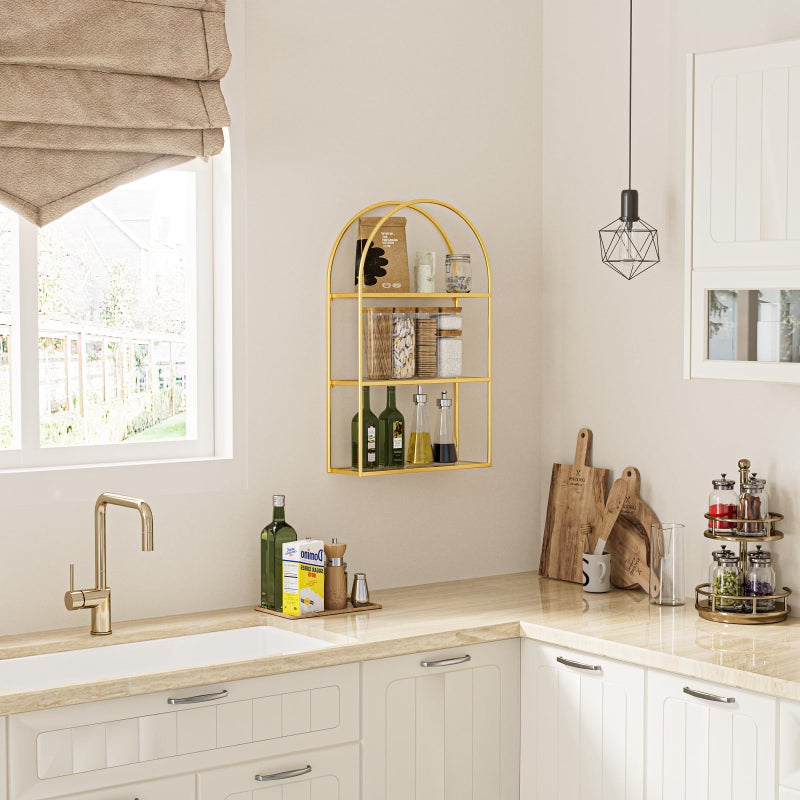 Crofy Gold Arched Frame Wall Shelf, Decorative 3 Tier Bathroom Wall Shelf with Transparent Tempered Glass Shelves and Robust Storage Capacity, 6" D x 17.9" W x 28.57" H - Image 4