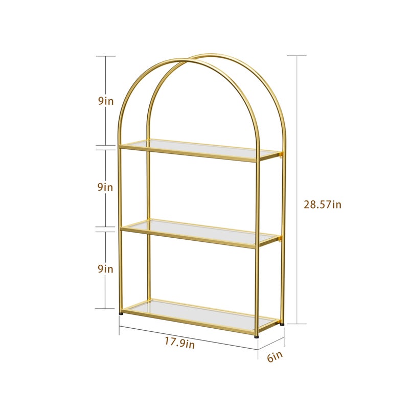 Crofy Gold Arched Frame Wall Shelf, Decorative 3 Tier Bathroom Wall Shelf with Transparent Tempered Glass Shelves and Robust Storage Capacity, 6" D x 17.9" W x 28.57" H - Image 3