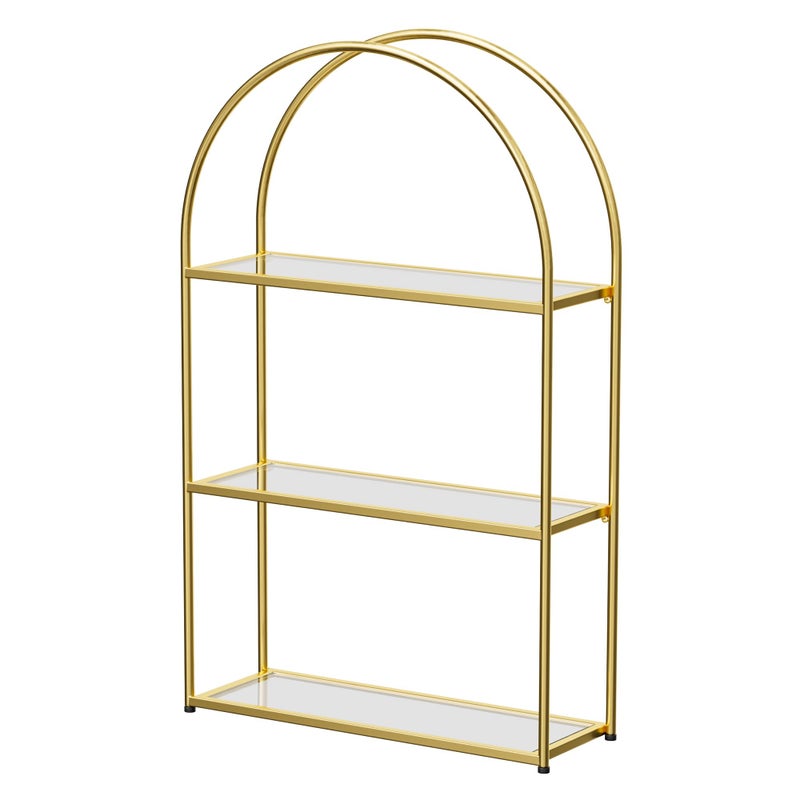 Crofy Gold Arched Frame Wall Shelf, Decorative 3 Tier Bathroom Wall Shelf with Transparent Tempered Glass Shelves and Robust Storage Capacity, 6" D x 17.9" W x 28.57" H - Image 1