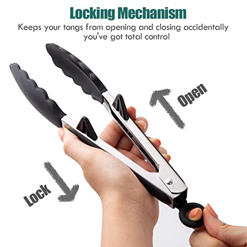 Agabani 3 Pack Black Silicone Kitchen Cooking Tongs Set, Stainless Steel Nonstick Food Tong with BPA Free Silicone Tips for Serving Pasta Spaghetti Steak Pie Pizza Salad Vegetable Fruit Grilling BBQ - Image 3