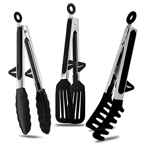 Agabani 3 Pack Black Silicone Kitchen Cooking Tongs Set, Stainless Steel Nonstick Food Tong with BPA Free Silicone Tips for Serving Pasta Spaghetti Steak Pie Pizza Salad Vegetable Fruit Grilling BBQ - Image 1
