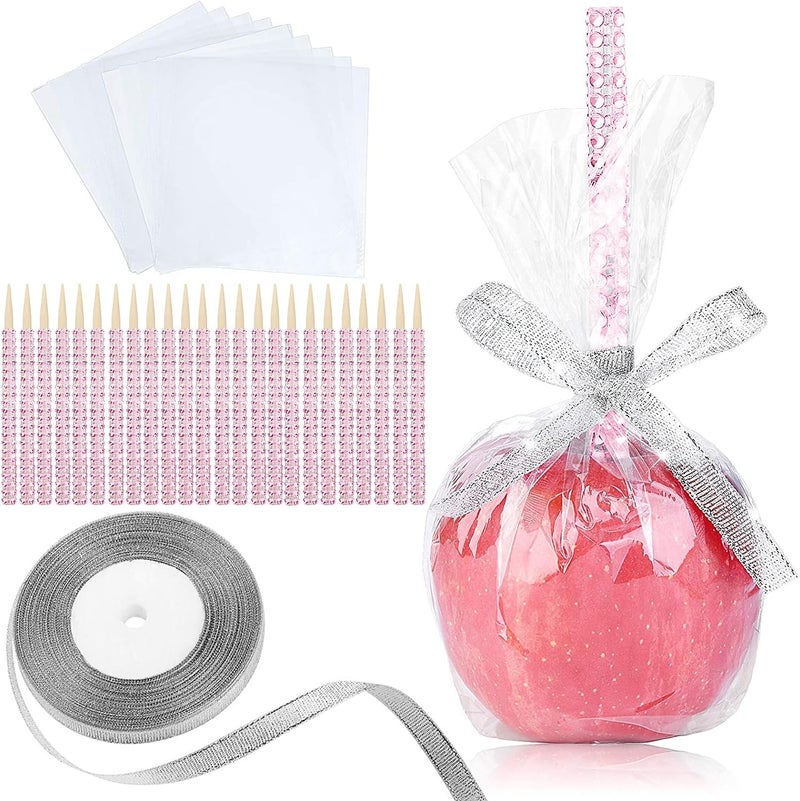 MGWOTH 24 Pack Bling Candy Apple Sticks and Bags Kits, Caramel Apple Wooden Skewers,Food Bamboo Decorative Sticks for Rice Krispie Treats Cookie Cake Pops Corn Dogs with Glass Wrapper Glitter Ribbons Tie - Image 1