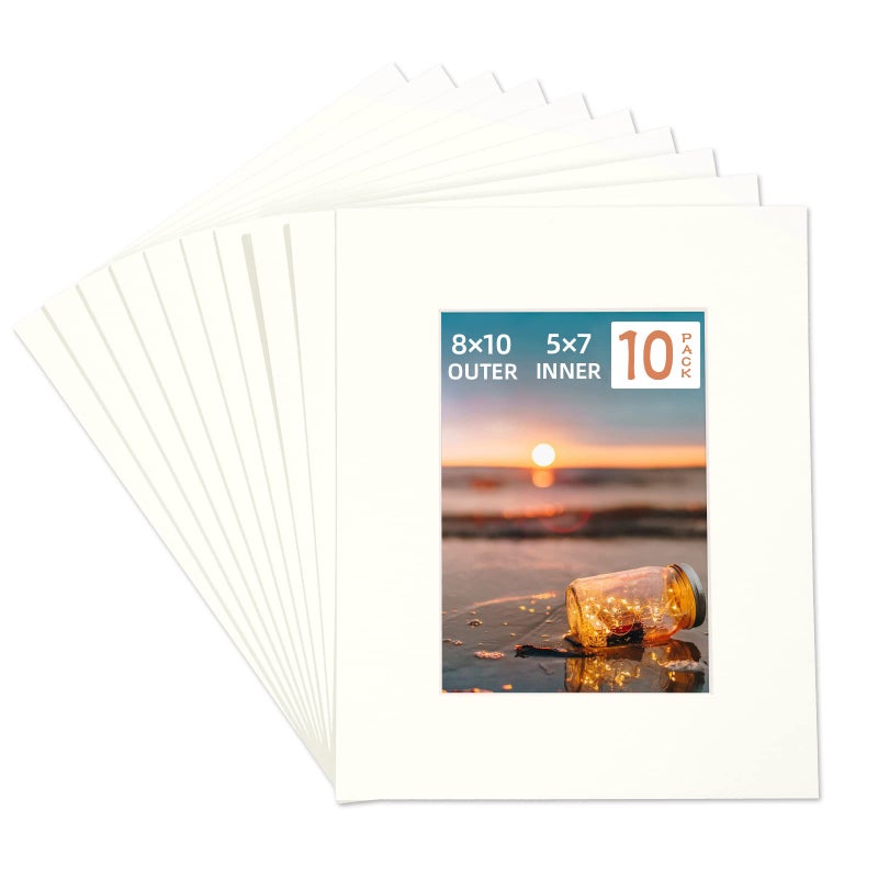 HOTUO 10 Pack Acid Free Ivory Picture Frame Mats, Pre-Cut 8x10 Picture Mats with Ivory Core Bevel Cut for 5x7 Photo, Signature Friendly 4 Ply Thickness Photo Mat for Frames/Artwork/Prints/Pictures - Image 1