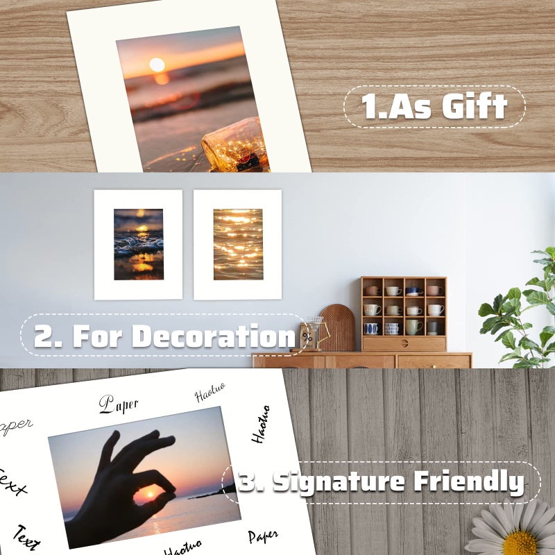 HOTUO 10 Pack Acid Free Ivory Picture Frame Mats, Pre-Cut 8x10 Picture Mats with Ivory Core Bevel Cut for 5x7 Photo, Signature Friendly 4 Ply Thickness Photo Mat for Frames/Artwork/Prints/Pictures - Image 3