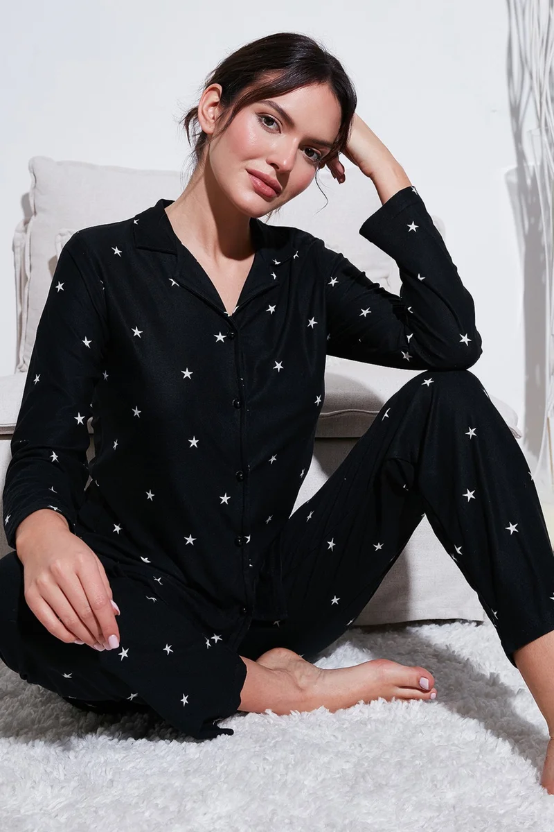 Lela Stretch Regular Fit Open Collar Elastic Waist Pajama Set Women's Pajama Set 65720501