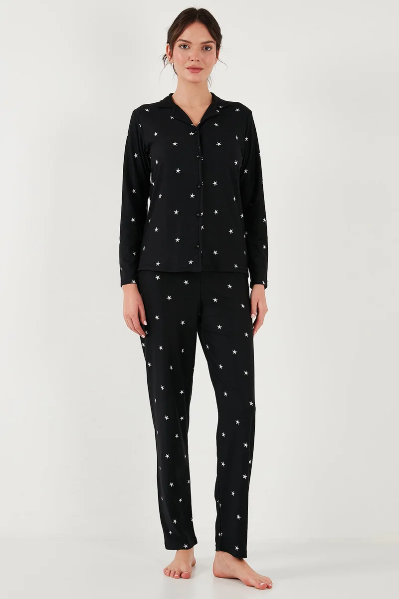 Lela Stretch Regular Fit Open Collar Elastic Waist Pajama Set Women's Pajama Set 65720501