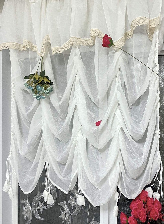 FADFAY Sheer Lace Curtain with Attached Valance, 1 Panel White Balloon Curtain 78"x59", Adjustable Tie-Up Tulle Shade for Window or Door, Farmhouse Shabby Chic Style - Image 3