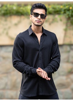 Maniac Mens Solid Vertical Stripe Textured Full Sleeve Black PolyCotton Shirt  - Image 4