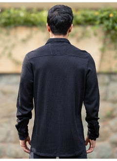 Maniac Mens Solid Vertical Stripe Textured Full Sleeve Black PolyCotton Shirt  - Image 5