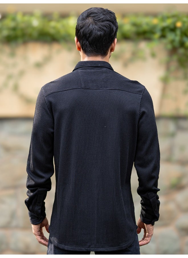 Maniac Mens Solid Vertical Stripe Textured Full Sleeve Black PolyCotton Shirt  - Image 5