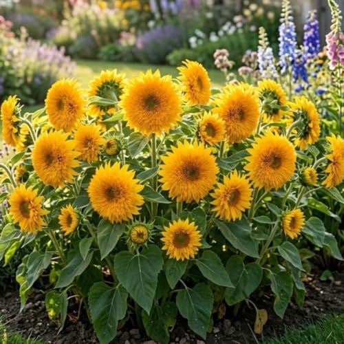 DouxiE 50 Teddy Bear Sunflower Seeds, Dwarf Double Bloom, Golden Yellow, Full Sun, Easy to Grow, Great for Containers - Image 1