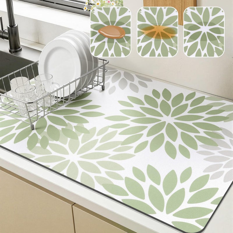 Findosom Floral Dish Drying Mat, 12" x 20" Super Absorbent & Hide Stain Coffee Mat, Cuttable Drying Mat for Kitchen Counter, Under Dish Rack, Coffee Maker, Espresso Machine, Sage Green - Image 1