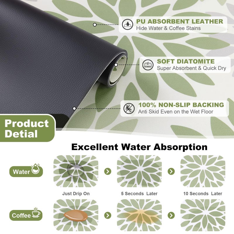 Findosom Floral Dish Drying Mat, 12" x 20" Super Absorbent & Hide Stain Coffee Mat, Cuttable Drying Mat for Kitchen Counter, Under Dish Rack, Coffee Maker, Espresso Machine, Sage Green - Image 3