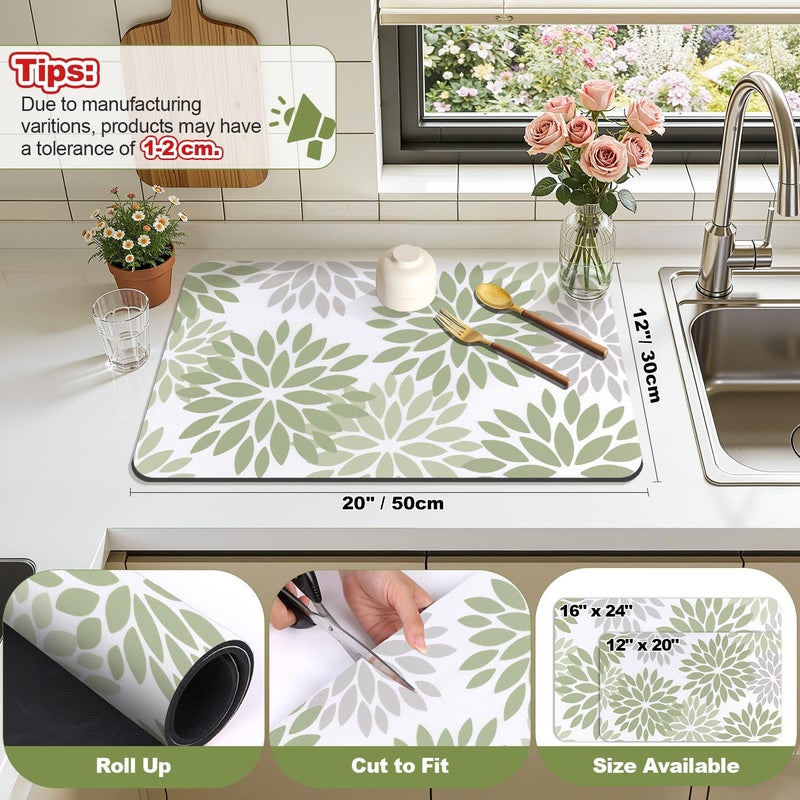 Findosom Floral Dish Drying Mat, 12" x 20" Super Absorbent & Hide Stain Coffee Mat, Cuttable Drying Mat for Kitchen Counter, Under Dish Rack, Coffee Maker, Espresso Machine, Sage Green - Image 2